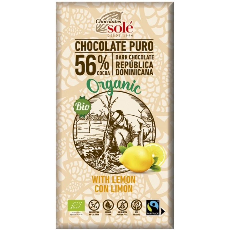 Reducere 14% - Ciocolata BIO cu Lamaie 56% Cacao, 100 g, Chocolates Sole 1 Ciocolata BIO cu Lamaie 56% Cacao