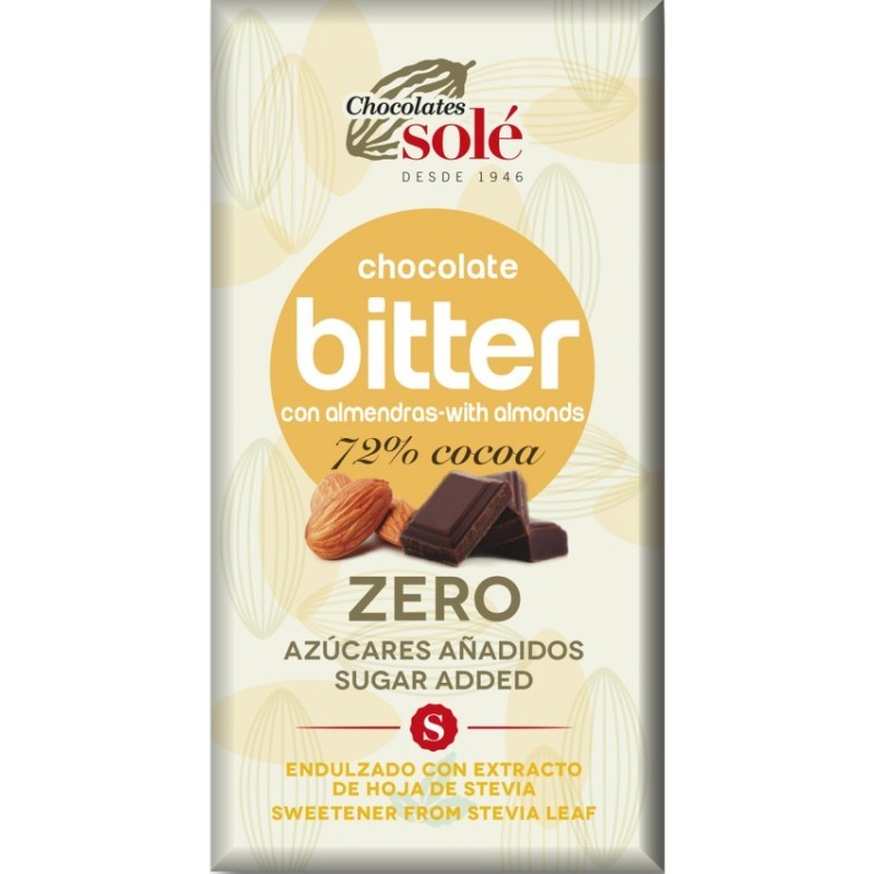 Reducere 14% - Ciocolata cu Migdale Indulcita cu Stevie, 72% Cacao, 100 g, Chocolates Sole 1 Ciocolata cu Migdale Indulcita cu Stevie