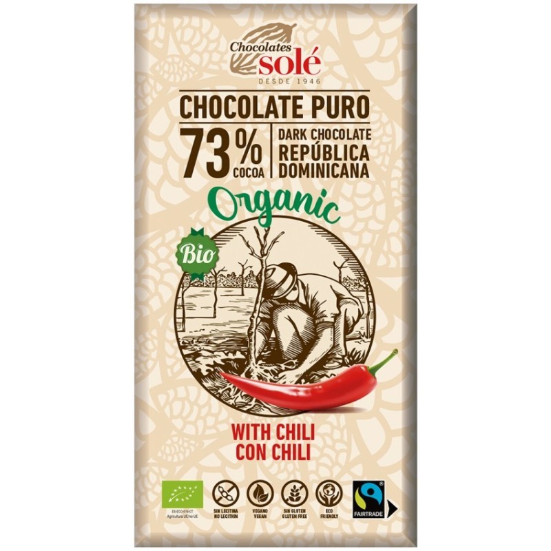 Reducere 14% - Ciocolata Neagra BIO cu Chili, 73% Cacao, 100 g, Chocolates Sole 1 Ciocolata Neagra BIO cu Chili