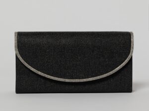 Clutch negru elegant cu clapeta curbata decorata cu strasuri