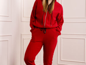 Compleu casual rosu din tricot reiat