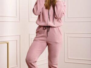 Compleu casual roz pudrat din tricot reiat
