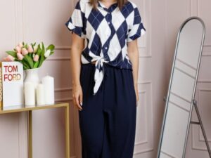 Compleu dama bleumarin cu pantaloni largi si bluza cu nod Candice