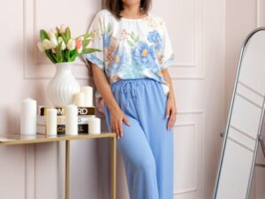 Compleu dama Deborah cu bluza vaporoasa si pantaloni largi - Bleu
