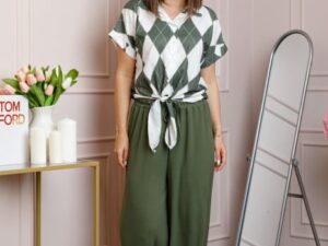 Compleu dama kaki cu pantaloni largi si bluza cu nod Candice