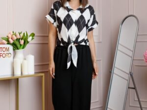 Compleu dama negru cu pantaloni largi si bluza cu nod Candice