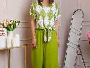 Compleu dama verde lime cu pantaloni largi si bluza cu nod Candice