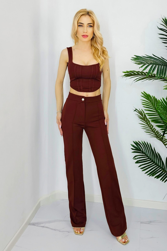 Reducere 36% - Compleu elegant Allan, top cu decolteu simetric, cusaturi evidentiate si pantaloni evazati, Maro 1 Compleu elegant Allan