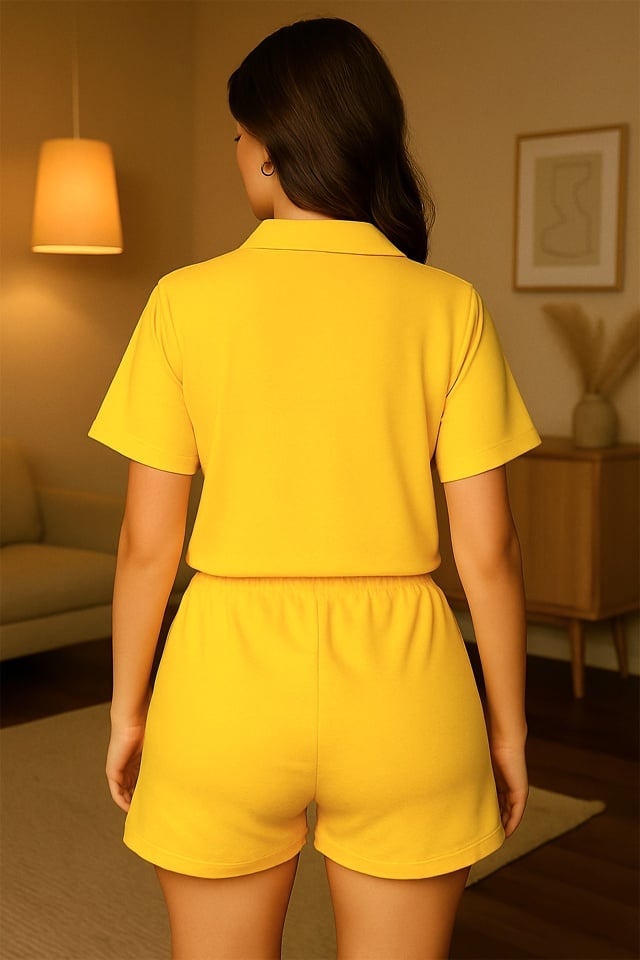 Reducere 54% - Compleu sport SILKA, cu pantaloni scurti si tricou cu revere, Galben 2 cu pantaloni scurti si tricou cu revere
