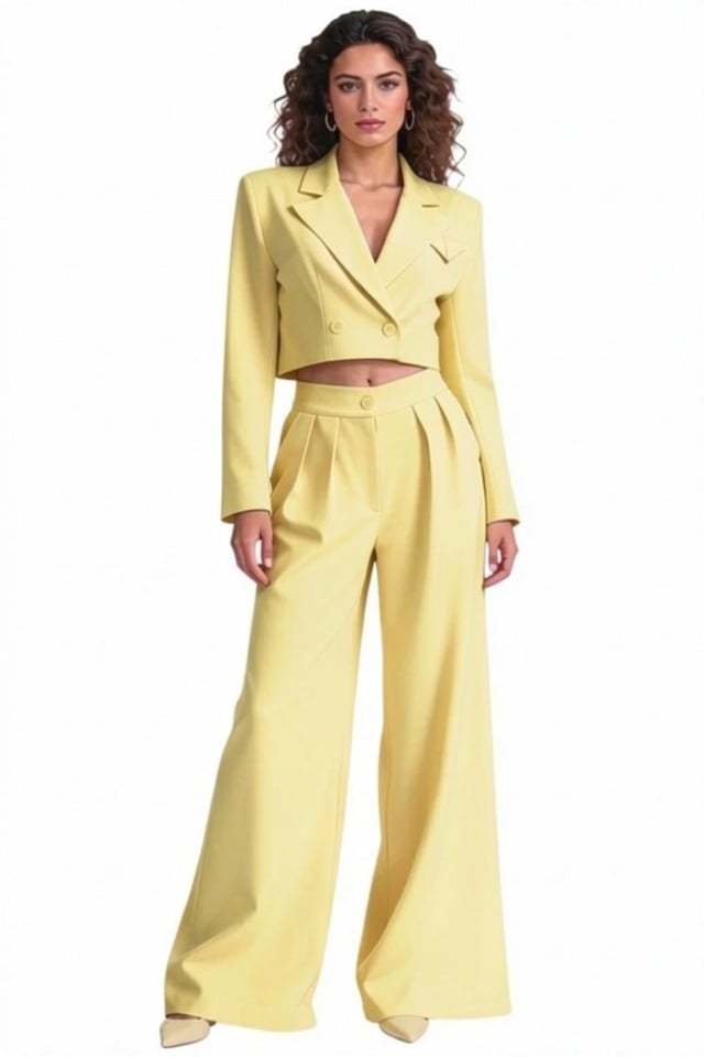 Reducere 36% - Costum office Marcella, cu sacou structurat si pantaloni evazati, Galben, Marime S/M 1 Costum office Marcella