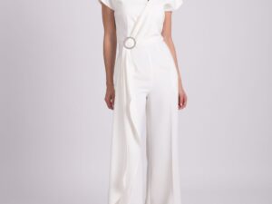 Salopeta eleganta alba cu pantalon evazat
