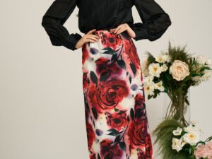 Fusta DY Fashion midi cu trandafiri rosii