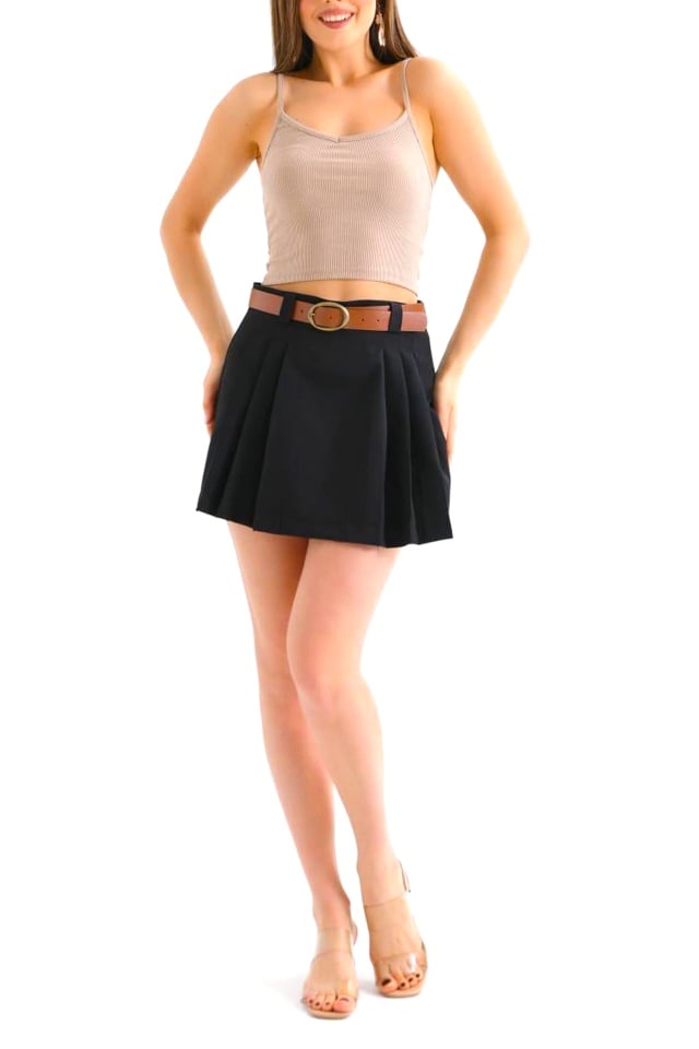 Reducere 38% - Fusta pantaloni Garby, cu pense simetrice si curea, Negru 1 Fusta pantaloni Garby