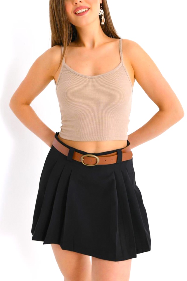 Reducere 38% - Fusta pantaloni Garby, cu pense simetrice si curea, Negru 2 cu pense simetrice si curea