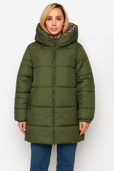 Reducere 50% - Geaca dama verde cu gluga si interior animal print 1 Reducere Geaca dama verde cu gluga si interior animal print