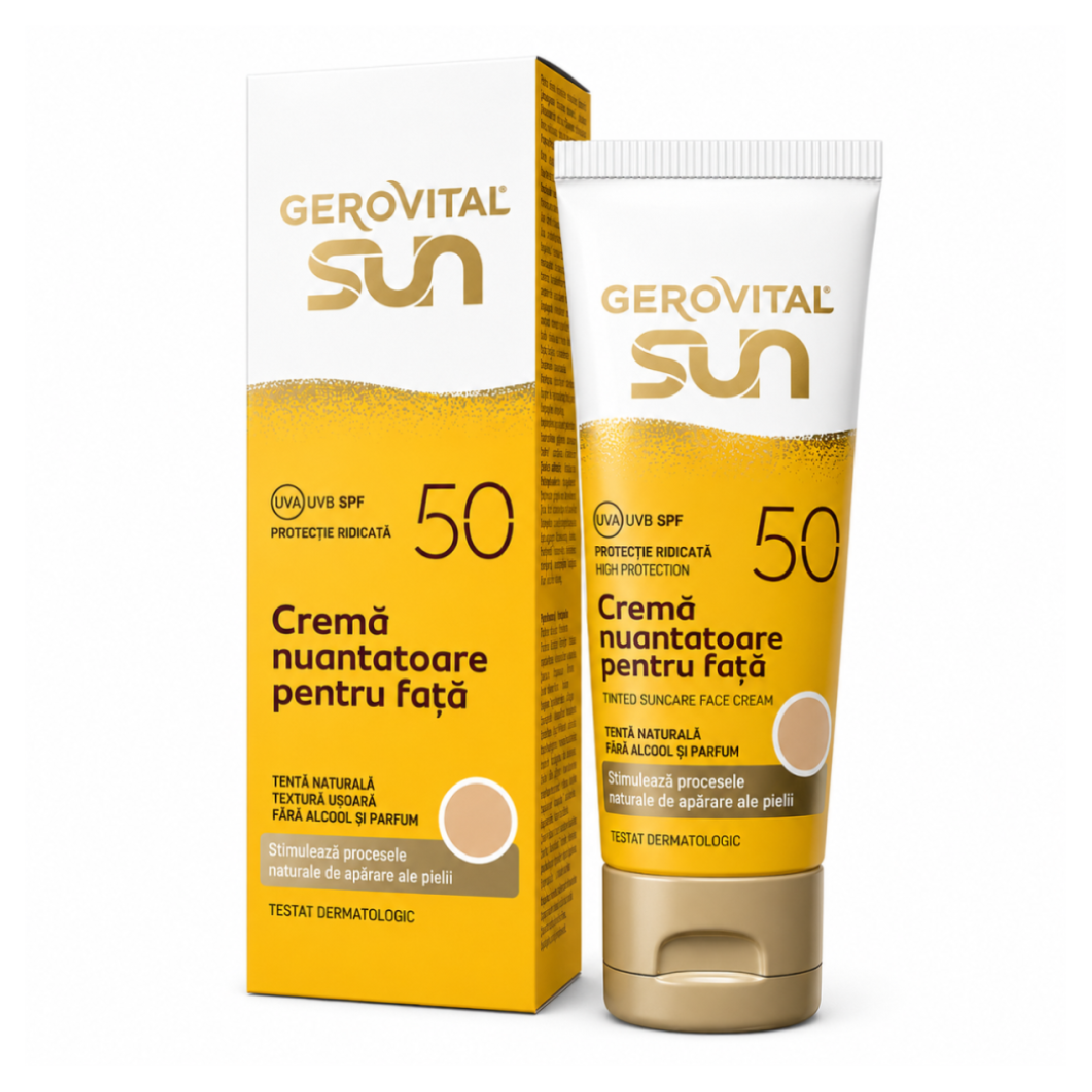 Reducere 15% - Crema nuantatoare pentru fata SPF50 Sun, 50 ml, Gerovital 1 Crema nuantatoare pentru fata SPF50 Sun