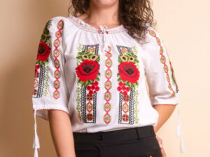 Ie traditionala alba cu motiv floral rosu Anca