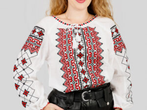 Ie traditionala alba cu motiv geometric rosu Luiza 02 - maneca lunga