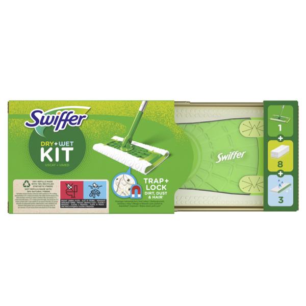 Reducere 13% - Kit de Baza cu Mop Uscat/Umed 1 Mop + 8 Lavete Uscate + 3 Lavete Umede - Swiffer Dry+ Wet Kit Trap + Lock, 1 set 1 Kit de Baza cu Mop Uscat/Umed 1 Mop + 8 Lavete Uscate + 3 Lavete Umede - Swiffer Dry+ Wet Kit Trap + Lock