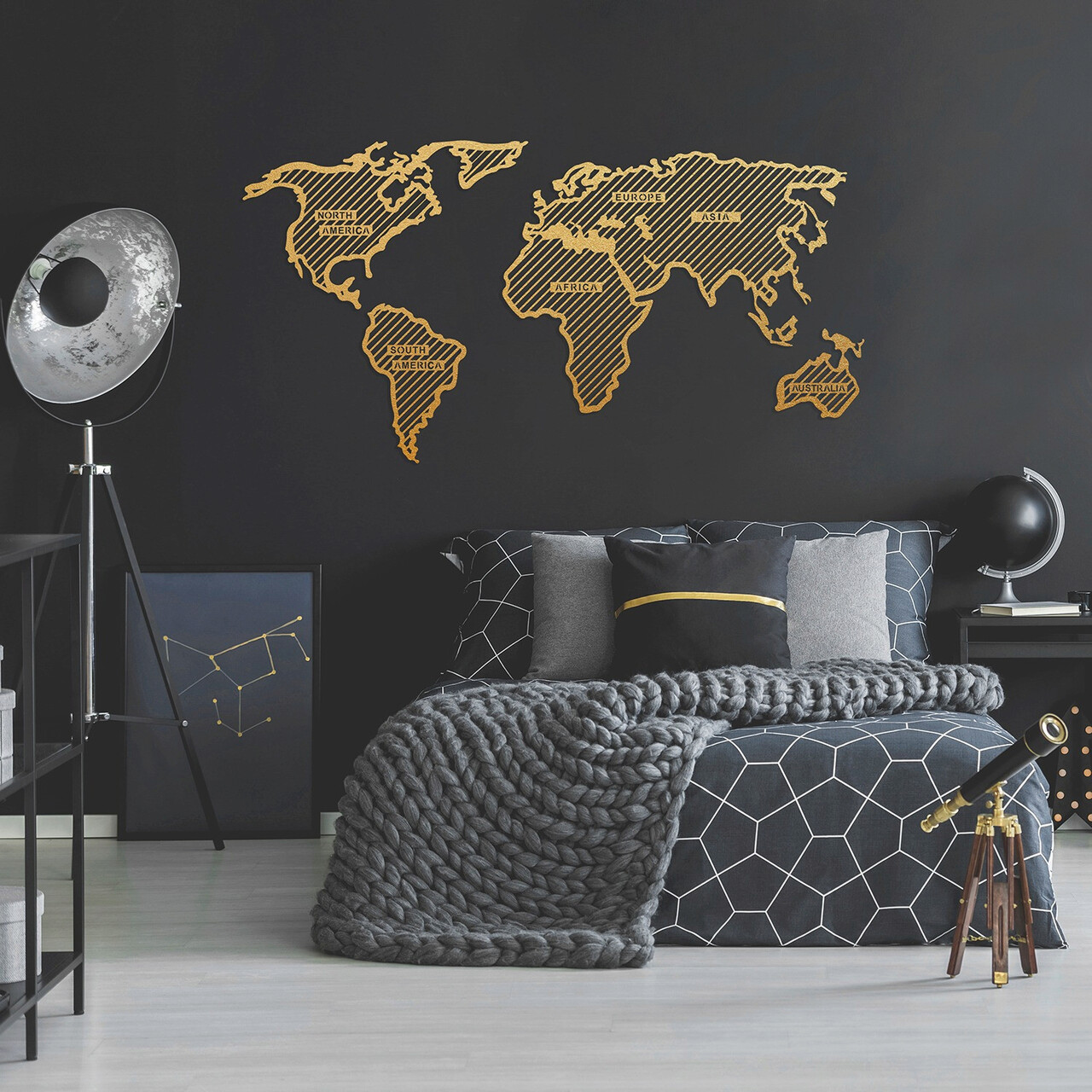 Reducere 28% - Decoratiune de perete, World Map In The Stripes, Dimensiune: 120 x 65 cm, Auriu 1 Decoratiune de perete