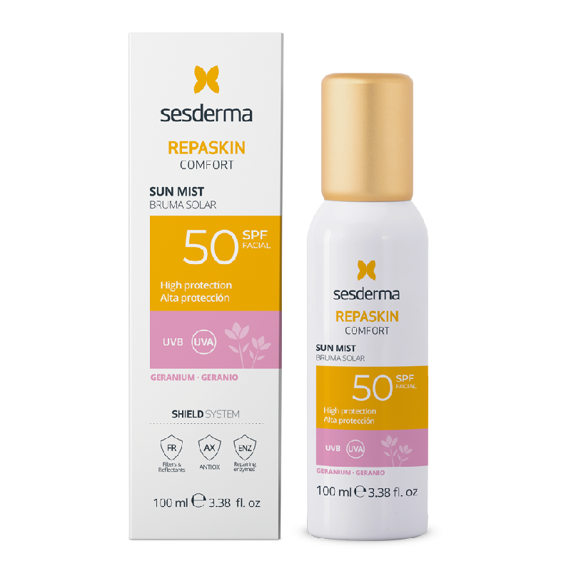 Reducere 30% - Mist cu protectie solara SPF50, Comfort Repaskin Geranium, 100 ml, Sesderma 1 Mist cu protectie solara SPF50