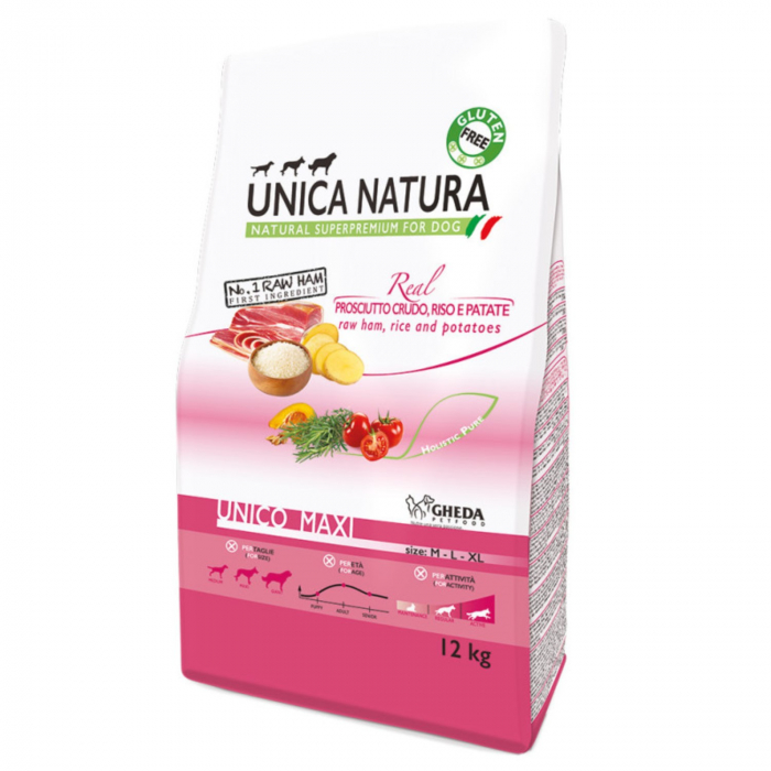 Reducere 53% - Natura Unica hrana uscata pentru caini talie mare cu Sunca cruda,orez si Cartofi 12 kg 1 Natura Unica hrana uscata pentru caini talie mare cu Sunca cruda