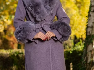 Palton dama mov elegant Fabiola din stofa cu guler din blana