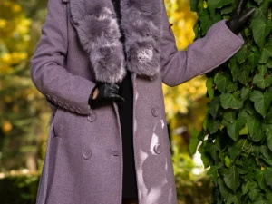 Palton dama mov lung Flavia elegant cu blana la guler
