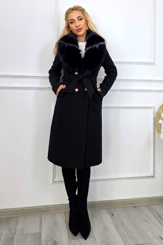 Reducere 33% - Palton elegant de dama MABELL, cu blana si inchidere cu butoni aurii, Negru 1 Palton elegant de dama MABELL
