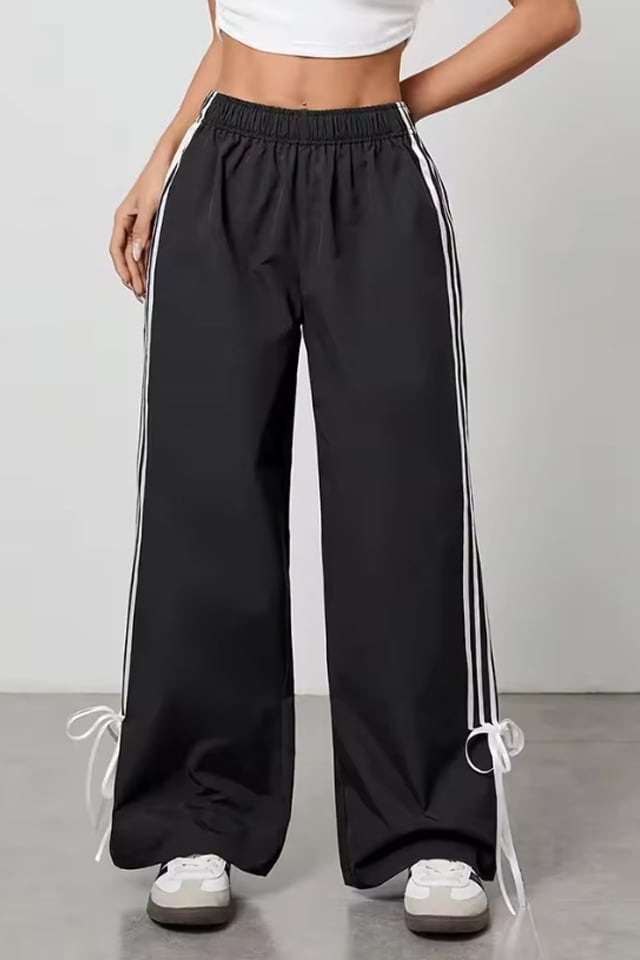Reducere 41% - Pantaloni casual, Palazzo RIVA, cu dungi și funde decorative, Negru 1 Pantaloni casual