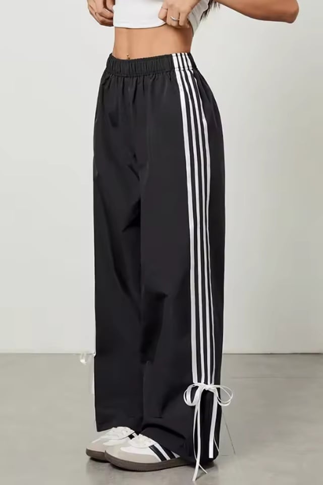 Reducere 41% - Pantaloni casual, Palazzo RIVA, cu dungi și funde decorative, Negru 2 Palazzo RIVA