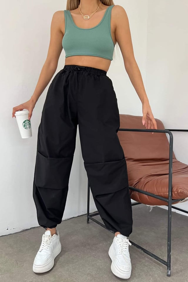 Reducere 40% - Pantaloni dama Force, croiala cargo, oversize, cu snur reglabil in talie si la baza piciorului, Negru 2 croiala cargo