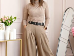 Pantaloni palazzo bej cu talie elastica si curea reglabila Savannah