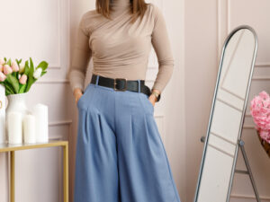 Pantaloni palazzo bleu cu talie elastica si curea reglabila Savannah
