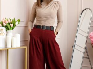 Pantaloni palazzo grena cu talie elastica si curea reglabila Savannah