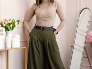Pantaloni palazzo kaki cu talie elastica si curea reglabila Savannah