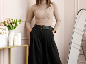 Pantaloni palazzo negri cu talie elastica si curea reglabila Savannah