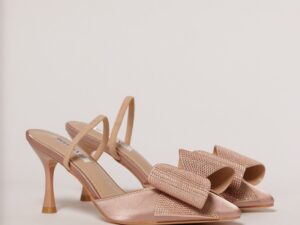 Pantofi rose din material satinat cu funda maxi stralucitoare