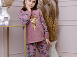 Pijama fetite Daisy din fleece roz prafuit cu model cu girafe