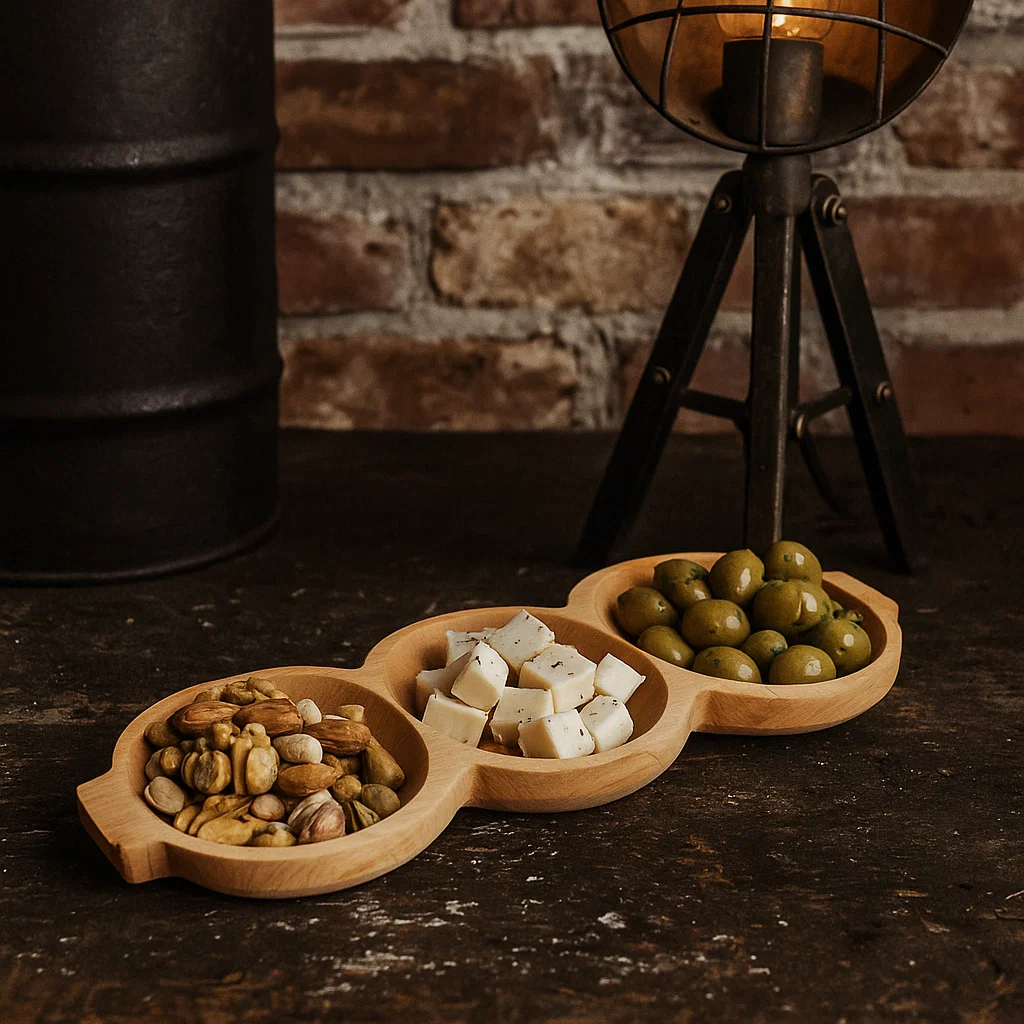 Reducere 41% - Platou din lemn pentru aperitive, branzeturi si snack-uri - 3 compartimente, fag, 43x23 cm 1 Platou din lemn pentru aperitive