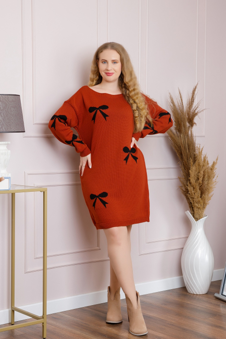 Reducere 42% - Pulover Bonnie caramiziu tip rochie cu fundite 1 Pulover Bonnie caramiziu tip rochie cu fundite