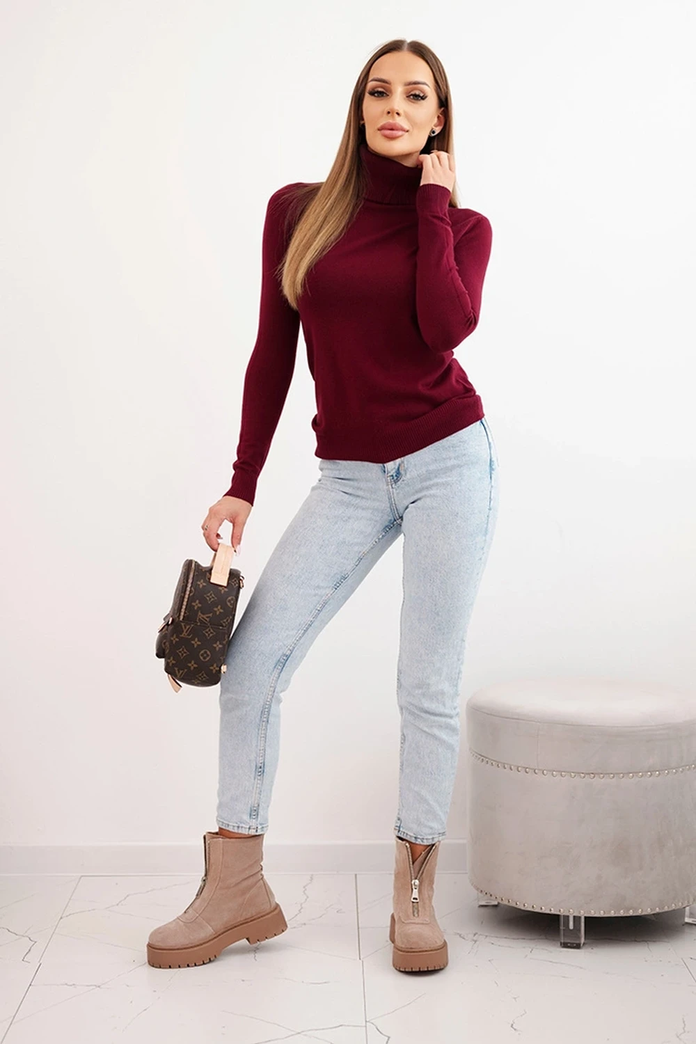 Reducere 44% - Pulover burgundy cu guler inalt ... 2 Reducere 44% - Pulover burgundy cu guler inalt ... - imagine 2