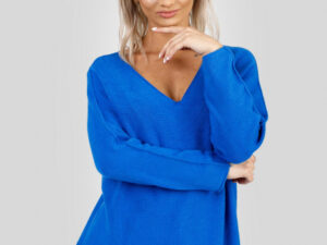 Pulover casual albastru cu maneci liliac