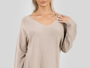 Pulover casual bej cu maneci liliac