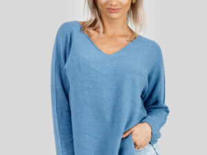 Pulover casual bleu cu maneci liliac