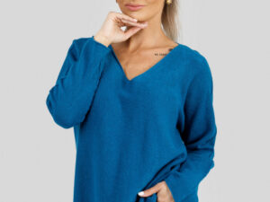 Pulover casual turcoaz inchis cu maneci liliac