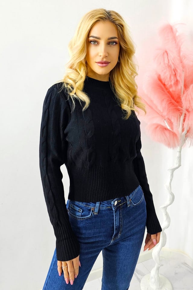 Reducere 40% - Pulover scurt tricotat Cozy Ode, cu model simetric, Negru, Marime S/M 2 cu model simetric