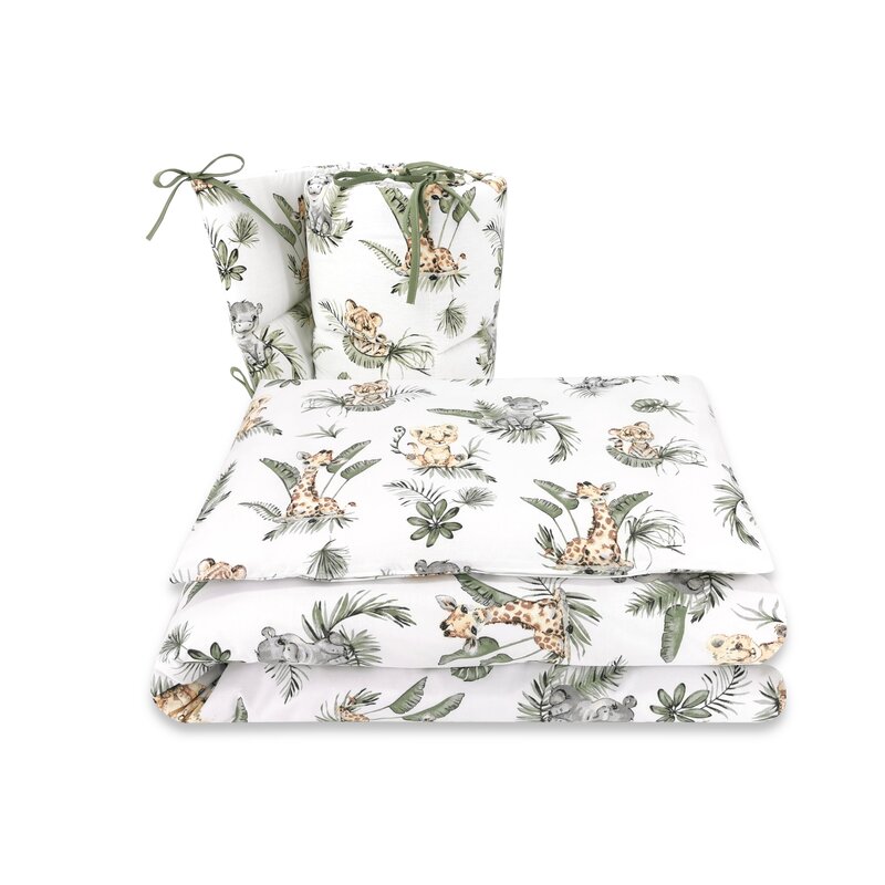 Reducere 52% - Lenjerie patut 3 piese, Qmini, Pentru patut 140x70 cm, Cu protectie laterala, Din bumbac certificat Oeko Tex Standard 100, Safari 1 Lenjerie patut 3 piese
