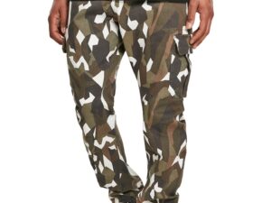 Pantaloni cargo cu model camuflaj si geometric - Alb/Verde feriga