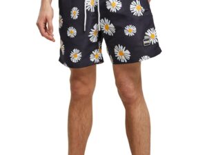 Pantaloni scurti de baie cu model si buzunare laterale - Alb/Galben/Gri antracit